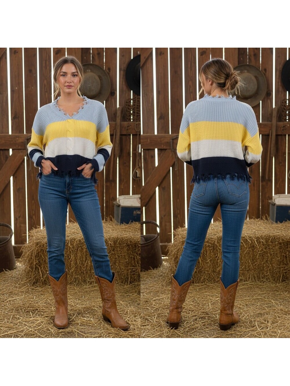 1879 - Full Circle Trends Striped V-Neck Distressed Sweater Size 1X